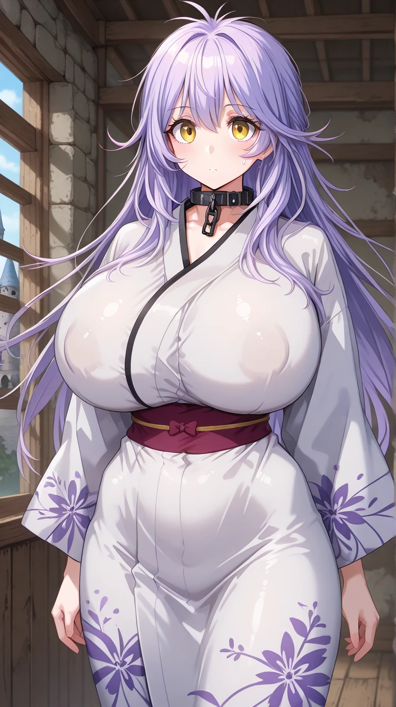 1 girl, game cg, purple long kimono, kanzasi, gigantic breasts, light purple hair, long hair, french braid, purple eyes, happy, blush, dynamic, Japan, sunrise,
