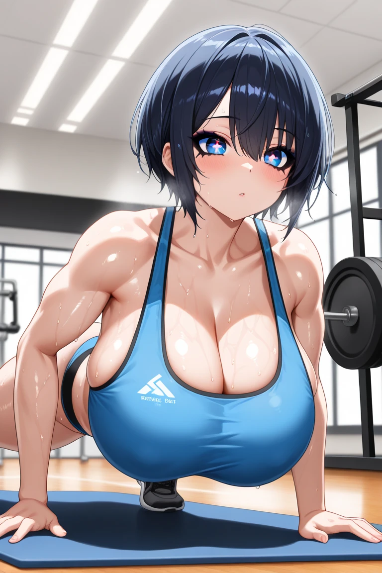 gym, exersice, workout, hot, sweating, sweaty, big boobs, lifting, yogapants,blue clothes, see thru, blue hair, short hair, bob cut, angry expression, mole , mole on cheek, yogapants , sexy body, lean body, black eyes, red eye makeup,