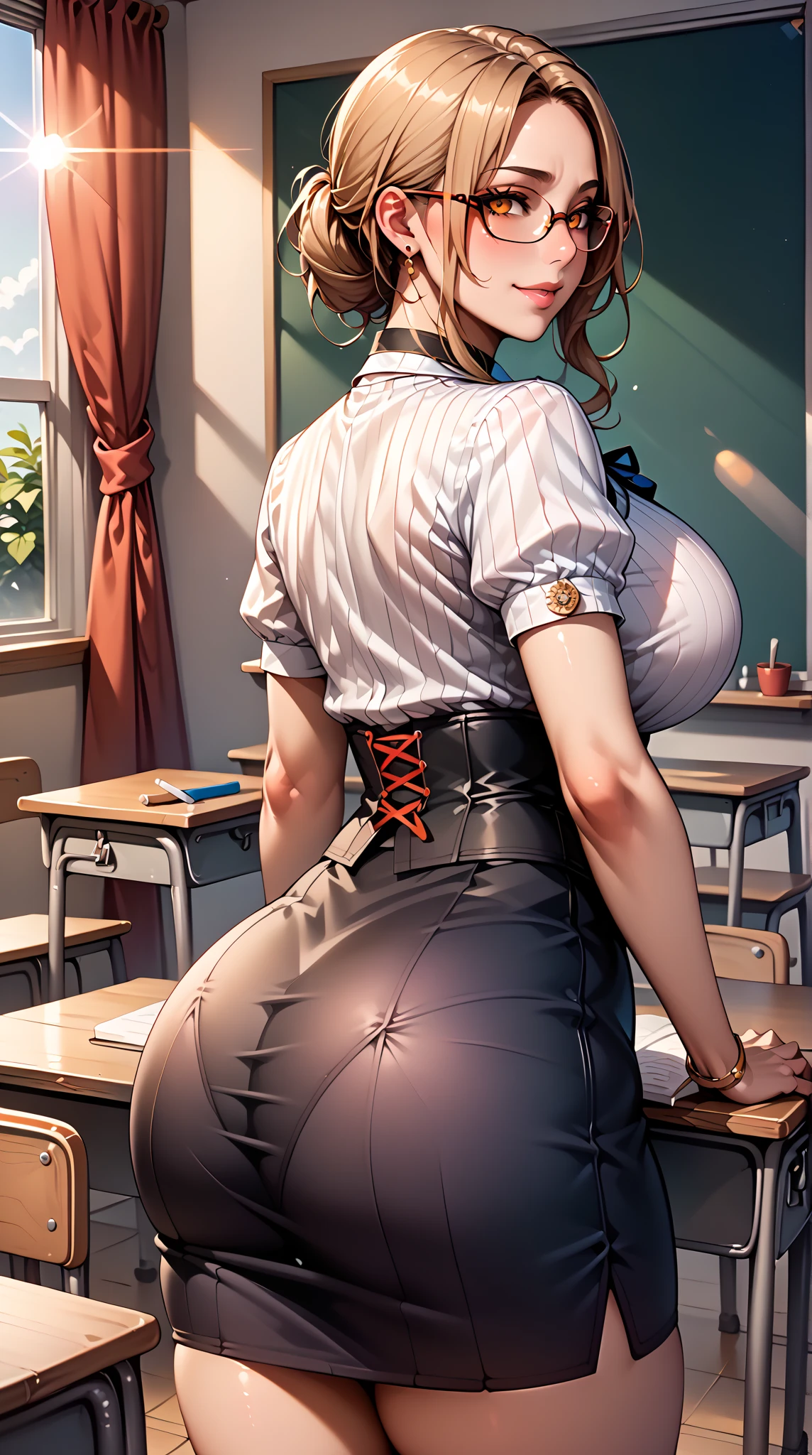 Best quality, solo woman, pretty, light brown skin, very curvy, massive breasts, massive ass, seductive smile, mid length curly pretty red hair, brown eyes, teacher uniform, short pencil skirt, full lips, seductive, mature, kissing a guy