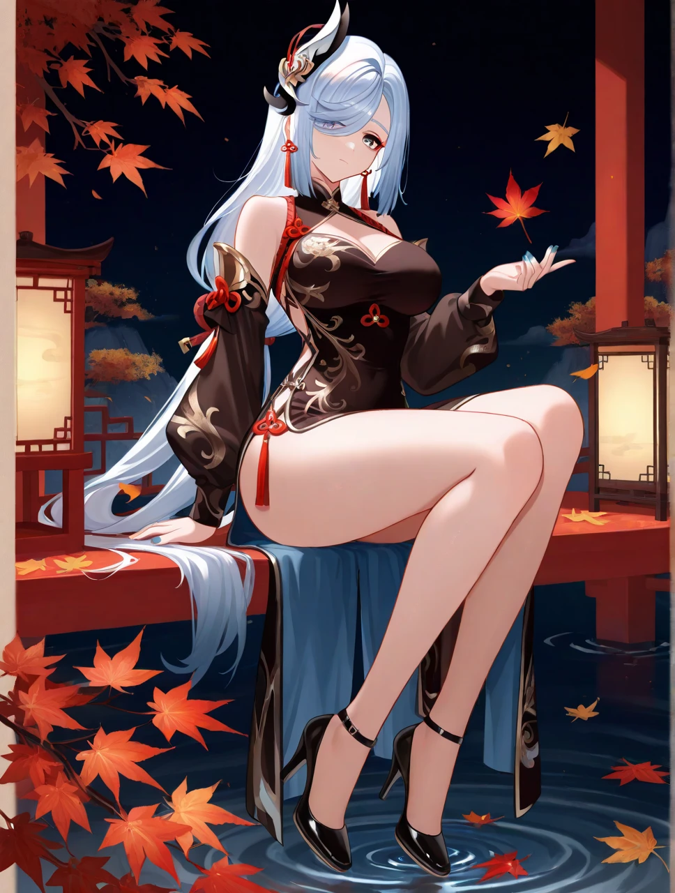 Masterpiece, Best Quality, High Resolution, 1girl, Blue Hair, Long Hair, Extra Long Hair, Ponytail, Bangs, Hair Between Eyes, Side Hair, Ahoge, Goat Horn, Horn, Purple Eyes, Bell, Cowbell, Neckbell, Collar, Split Collar, White Collar, Off-the-Shoulder, Pantyhose, Black Pantyhose, Body Stocking, Bodystocking Under Clothes, Pelvic Curtain, Sleeve Removal, White Sleeves, Long Sleeves, Gold Trim, Mid-Chest, Gloves, Black Glove, Ribbon , leg straps, ankle straps, white footwear, visual (genshin impact), ganyu \ (genshin impact \), outdoor, (East Asian architecture, cherry blossoms, torii, multiple torii gates, stairs), sitting, looking away, viewed from the side,