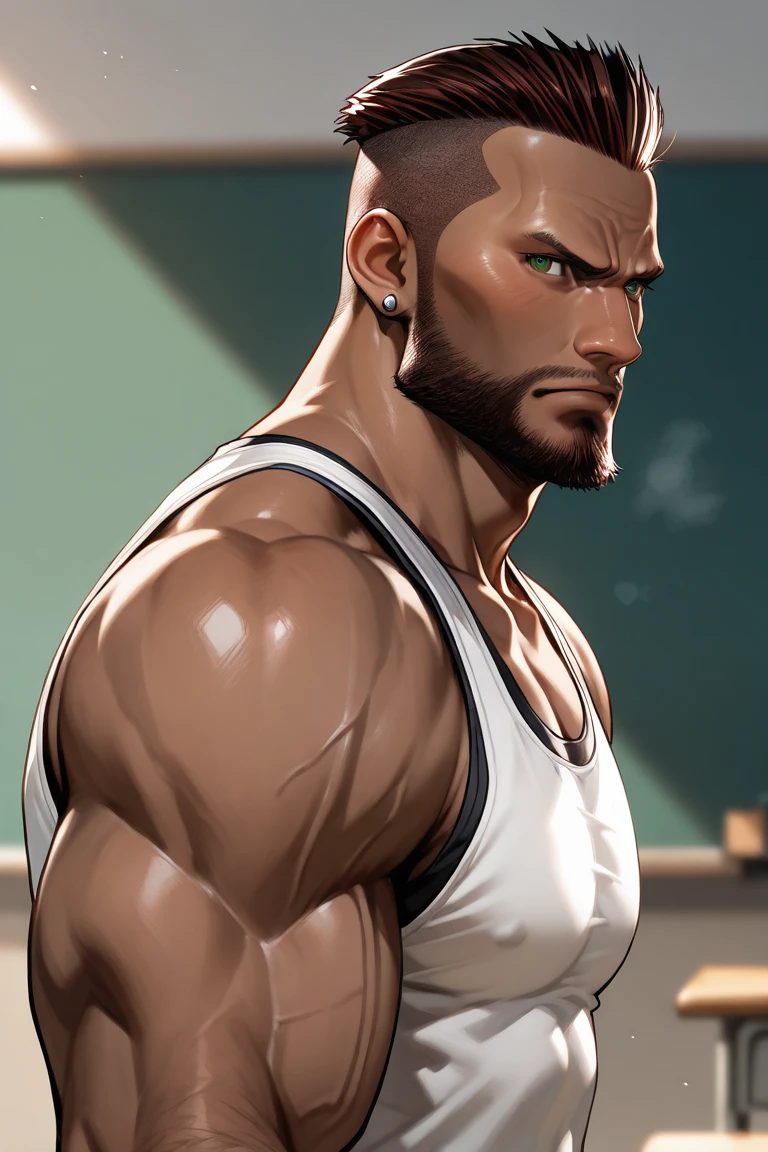 Masterpiece, Best Quality, Ultra-Detailed, 1man, mature man, mature male, adult man, 26 years old man, black skin, tanned skin, dark skin, black, brown hair, buzz cut hair, buzz cut, black eyes, a muscular, muscular!!, bara, large back, large shoulders, big arms, jock, strong, hunk, an angry muscular army general, muscular characters, muscular character, buff man, muscular! white tanktop shirt, tanktop, tanktop shirt, white clothes, white jeans, white pants, 