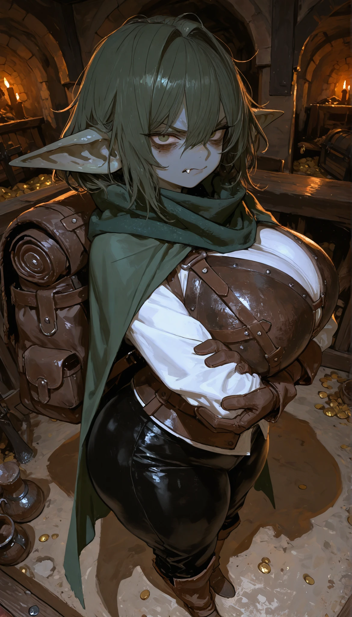 score_9, score_8_arriba, score_7_arriba, score_6_arriba, solo girl, 1girl, a portrait image of goblin girl, shortstack, gray skin, dark messy hair, eye bags, leather armor, gloves, black trousers, big backpack, dark green cape, dark green scarf, frowning, angry, fang showing, arms crossed, medieval room interior, treasure room background, short height, full body, huge breasts, huge ass, looking at viewer, high angle, dynamic angle, high quality, best quality 748cmstyle
, usnr, aesthetic