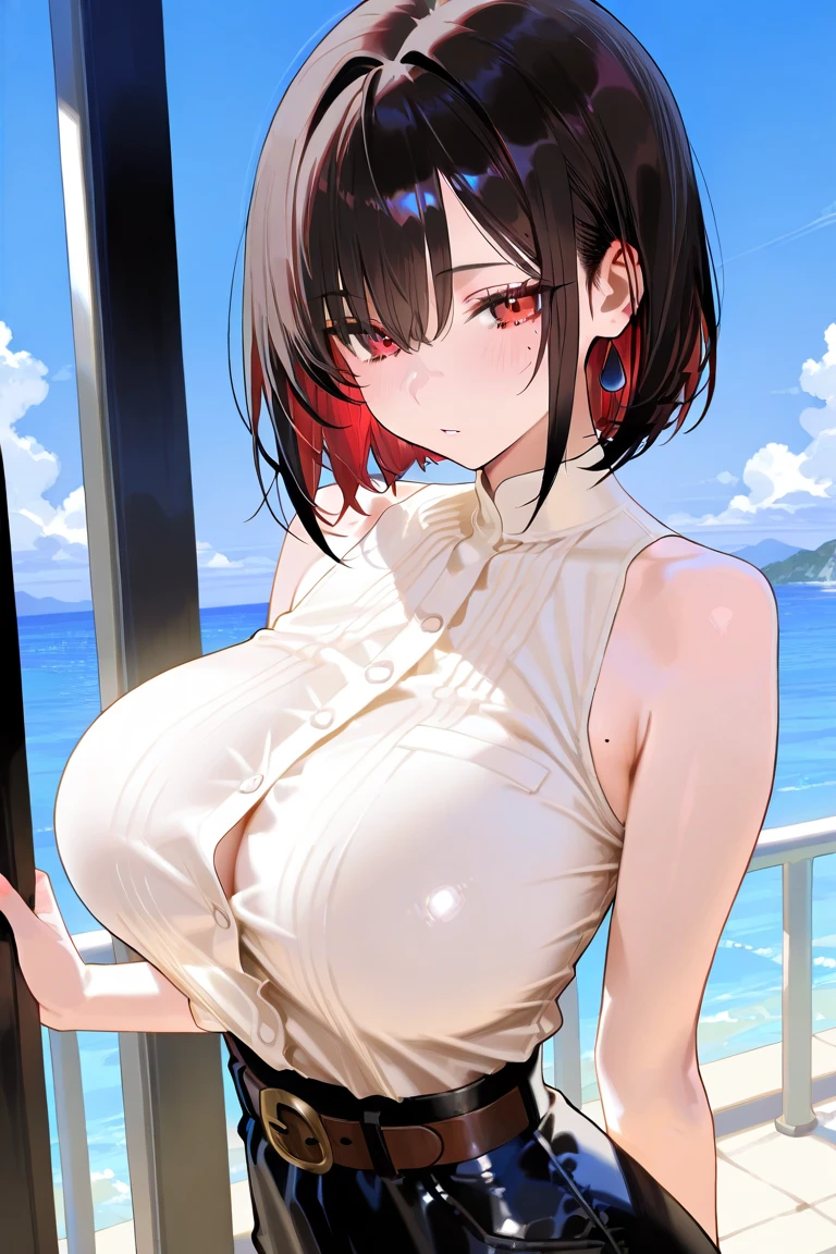 Photograph the whole body、(Very large breasts、Very heavy chest）,20-year-old,young woman、Japanese、((Short Hair)),beautiful girl、slender、thin,Glaring expression,(((Beautiful nipples are visible))),Accentuate your breasts,White skin、photograph, Realistic, highest quality, Detailed face、On the Sea、Hanging from the sails of a cruise ship、Many sailors、(((Red ribbons wrapped around the body、Black collar)))、Birthday gift、Written boundary depth, Bokeh,Watching the audience、Sad face、Tears flowing、Are crying、(((Face is reflected))),(((Exposing her breasts))),(((Exposed nipples))),Hands are not reflected、Hands down,(((Exposing her breasts))),(((Exposed nipples))),,(((Exposing her breasts))),(((Exposed nipples))),、produce milk