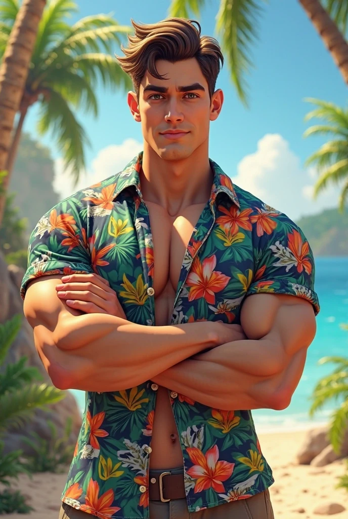a young man AI high quality muscular tattoo with name “ruy” light skin tanned piercing gaze pink mouth with realistic beach background