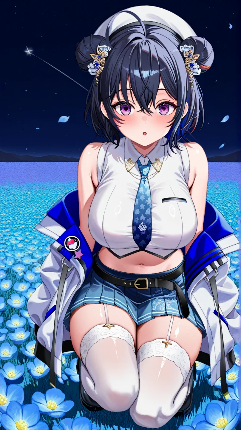  kaito, two-toned hair, blue hair, purple hair, purple eyes, scarf, necklace,, short hair., large breasts,, Riding a bike through the sky, solo nsfw  early morning、 Blazer skirt nipple