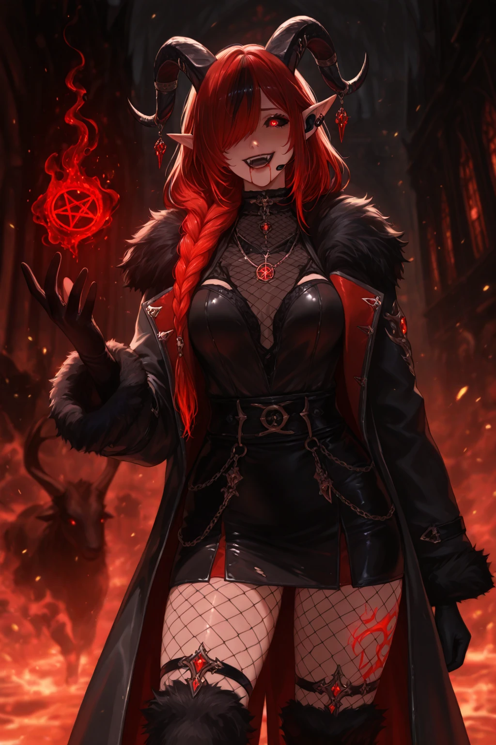 a black and red wolf female,furry with gold markings,long red hair,fangs,revealing dress,red eyes,attractive,seductive look,anthro,kneeling on forest floor looking up, covered in , best quality,4k,8k,highres,masterpiece:1.2,ultra-detailed,realistic,photorealistic,photo-realistic:1.37,HDR,UHD,studio lighting,ultra-fine painting,sharp focus,physically-based rendering,extreme detail description,professional,vivid colors,bokeh,digital painting,concept art
