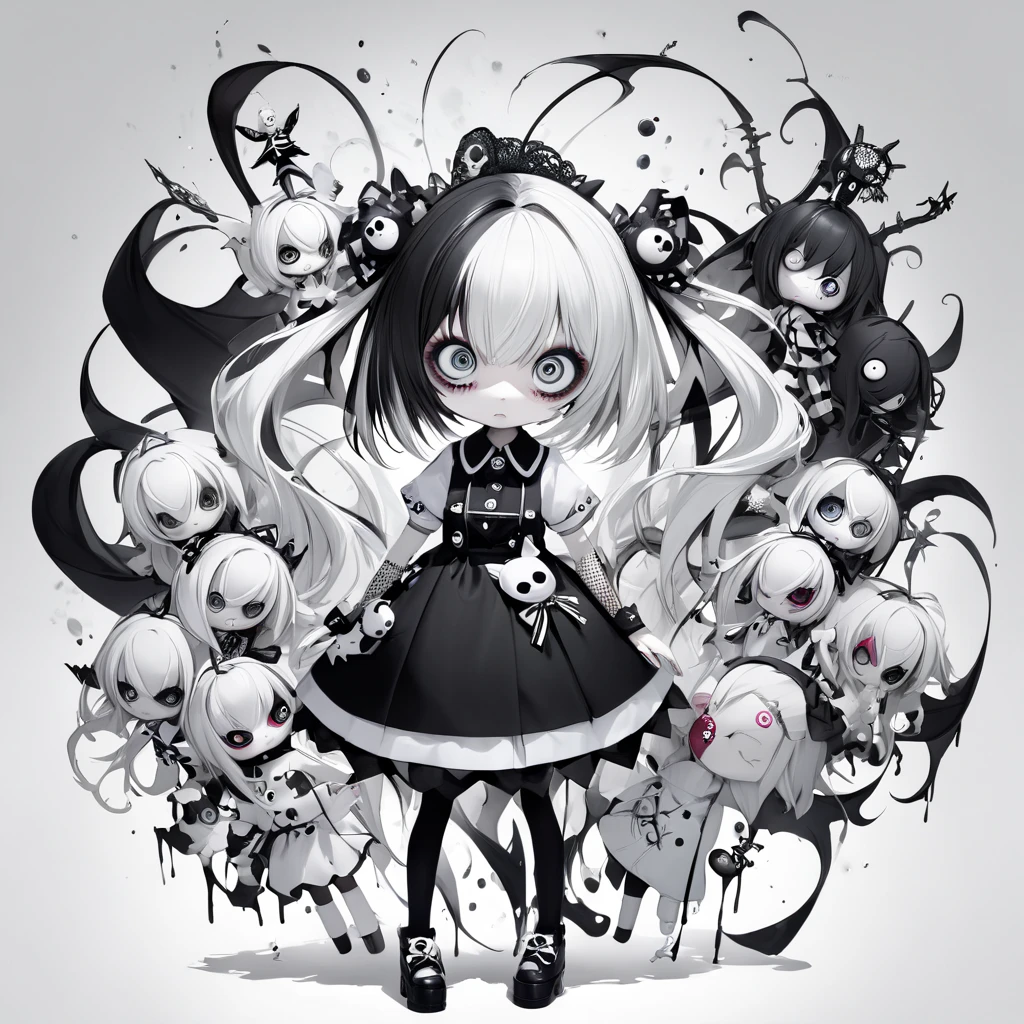 a cartoon girl with long hair and skulls on her head, anime skull portrait woman, creepy kawaii, cute skeleton, black and white manga style, skeleton girl, gothic art style, goth girl, intense line art, kawaii anime manga style, gothcore, extremely fine ink lineart, manga art style, dollpunk, eerie and grim art style, kawaii manga style