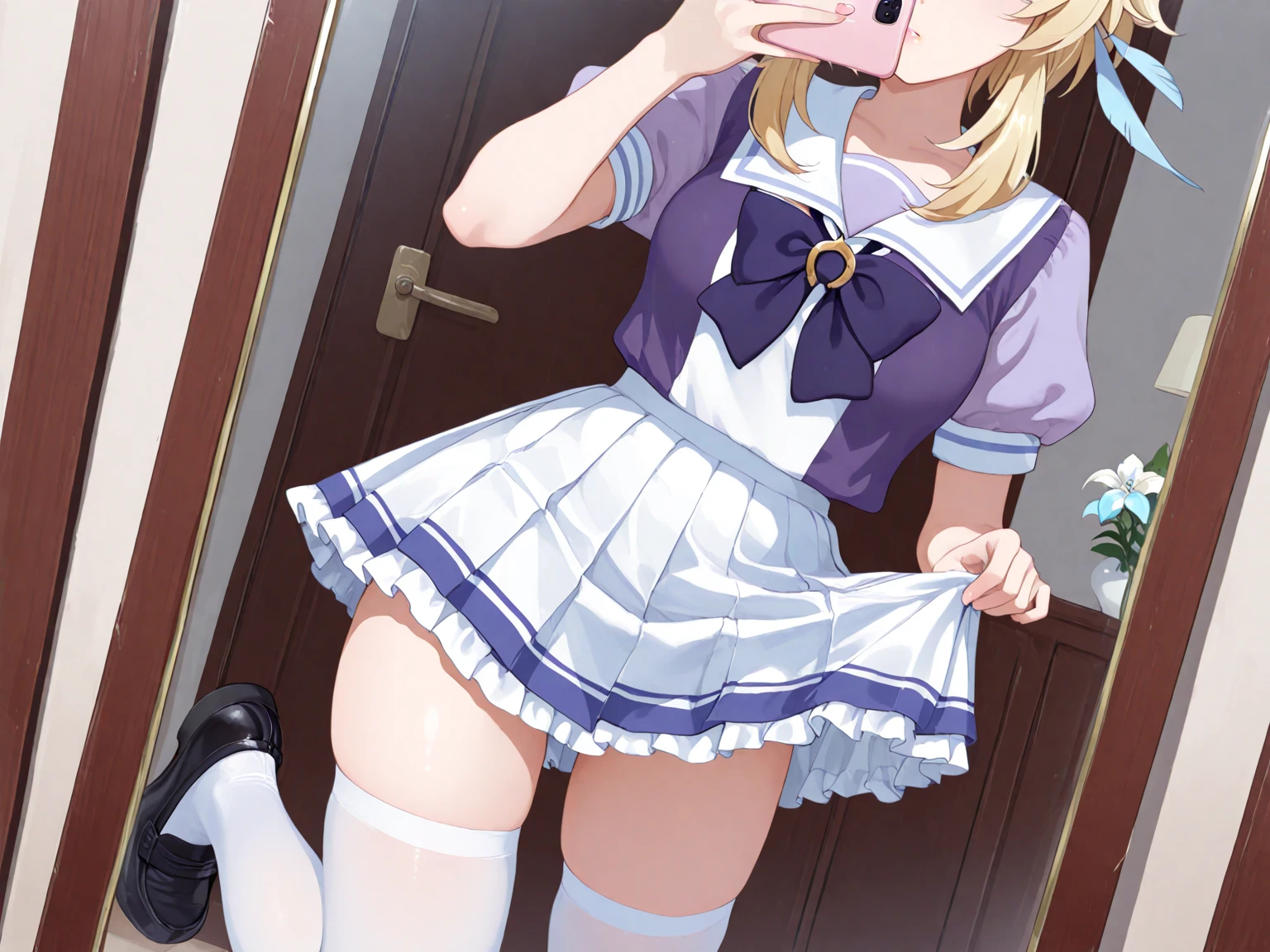 score_9, score_8_up, score_7_up, source_anime, 1girl, solo, megami magazine, blend s, hinata kaho, blue eyes, blonde hair, long hair, twintails, hair between eyes, large breasts, kaho-default, head scarf, waitress, shirt, blue shirt, short sleeves, gloves, white gloves, waist apron, white apron, skirt, blue skirt, miniskirt, thighhighs, white thighhighs, skindentation, upskirt, underwear, panties, crotch seam, white panties, pantyshot, all fours, from behind, ass focus, looking at viewer, looking back, profile, simple background, white background, blush, seductive smile