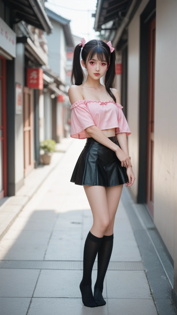 (Ultra-detailed eyes), (((textile shading))), (((Best Quality))), (((masterpiece))), (((Ultra realistic))), fat, sassy girl, street girl, messy hair, Emo Pin up Girl, pink fruity top, white fruity skirt, long leg warmers, y2k sparkle belt, faux fur hat, cute necklace, y2k edition earrings, black and pink outfit colors, Striking a pose, natural make up, skinny fat innocent, in a haunted rail station, heavenly, midshot, centered image, good girl, innocent girl, front look, black hair, sitting , Stylish Girl , Asian girl