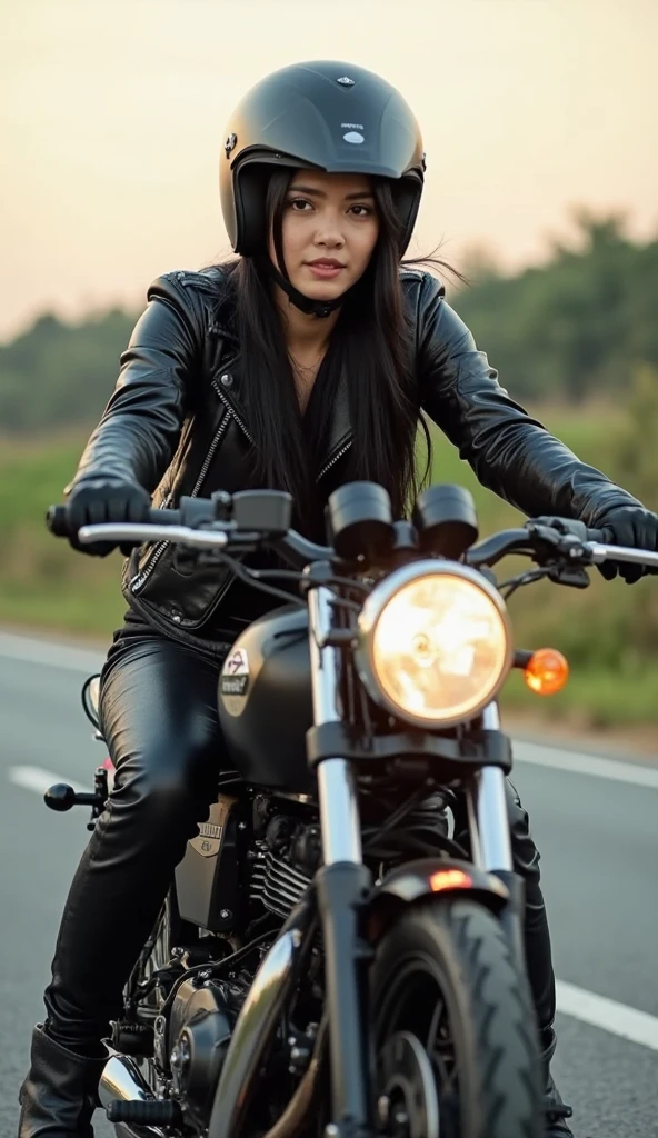 A girl riding a café racer motorcycle, wearing a black leather jacket and black boots, with a retro helmet. The motorcycle has a sleek and glossy black body with silver accents. The girl has beautiful detailed eyes and lips, with long eyelashes. The café racer is speeding through a curved road in the countryside, with trees and green fields in the background. The sunlight is casting a warm and nostalgic glow on the scene. The image should have the best quality, with ultra-detailed rendering and realistic colors. The overall style should be a mix of concept art and photography, with a vintage tone.