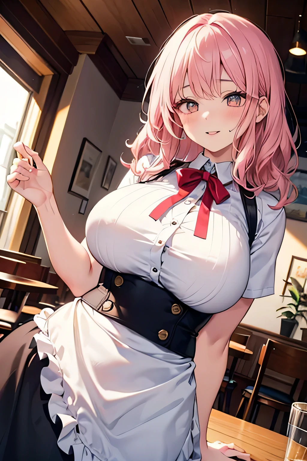 Masterpiece，Large Breasts，Wearing only an apron，Attractive cleavage，Expose，Breast drooping，Show me your thighs、On the bed、Heart Eyes