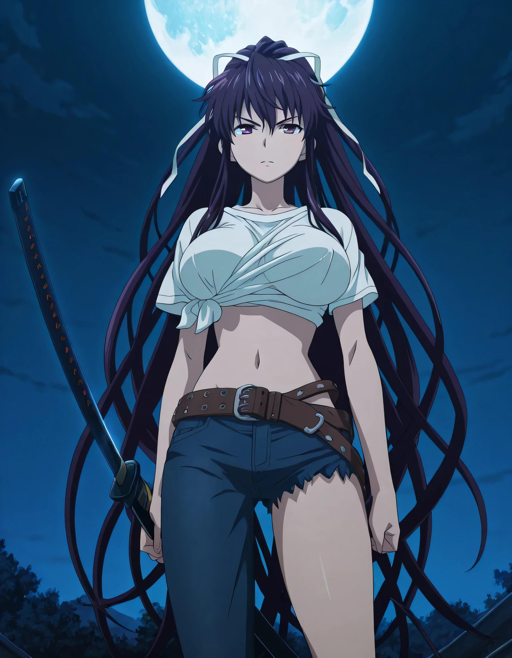 score_9, score_8_up, score_7_up, score_6_up, score_5_up, score_4_up, anime screencap , Kaori Kanzaki, alone , wielding a (((one Japanese sword))), full moon, dark sky, Anime Style , long hair,ribbon,    ,asymmetrical clothes,ponytail,very long hair,tied shirt, big  , belt,denim,sheath, navel