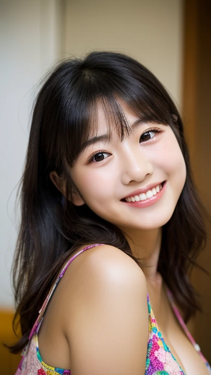 masterpiece,best quality,(Japanese ),((Beautiful girl)),cleavage,(perfect body beauty:1.2),(shy smile),beautiful teeth,(Blurred background of brick buildings),