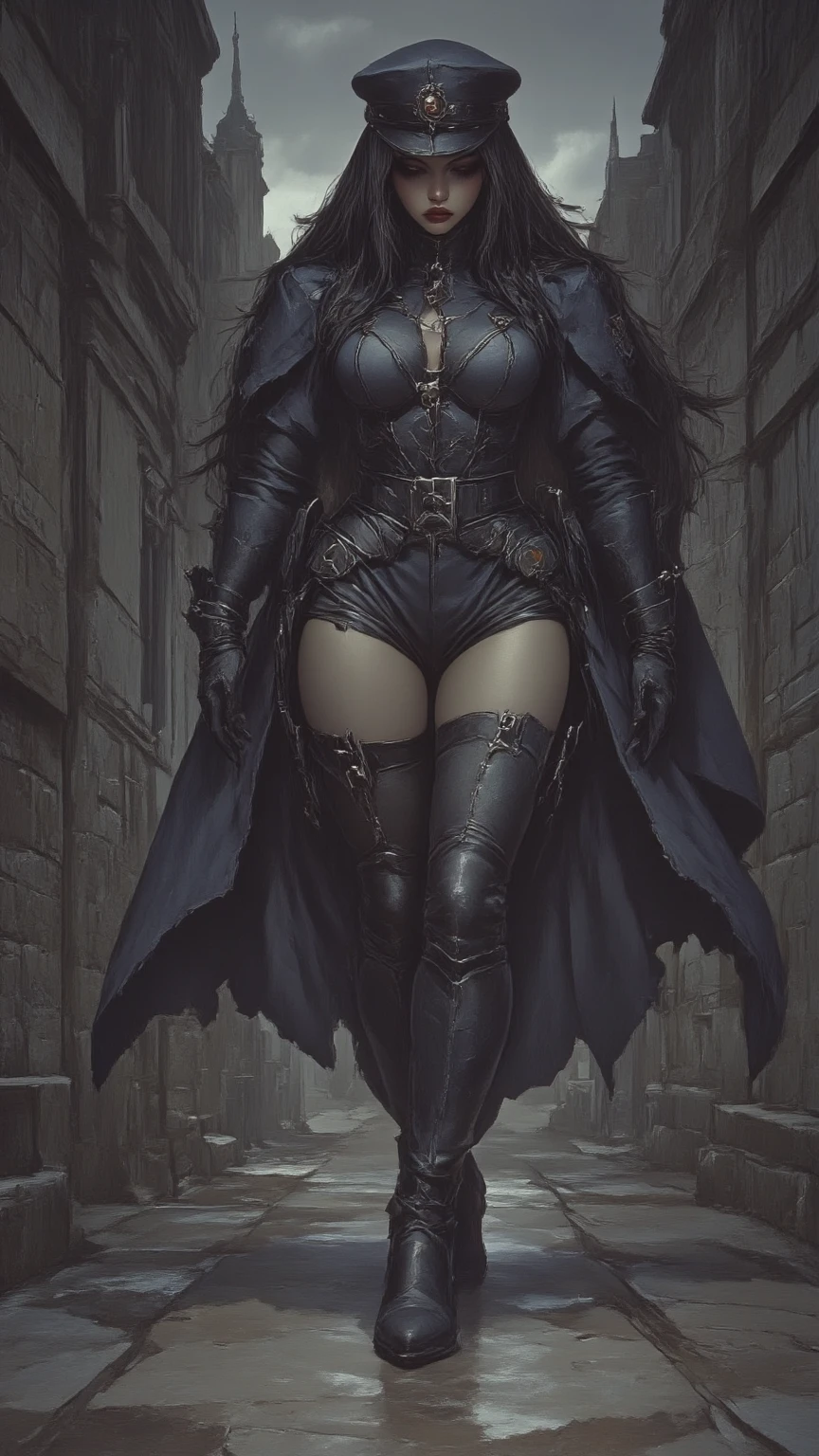 kurihara Mari from prison school, black long hair, perfect grey eyes, full body view, (wearing red bodysuit Armour, cape), walking and holding a big sword on the destroyed futuristic city, cinematic shadow, cinematic fog, crows in the sky.