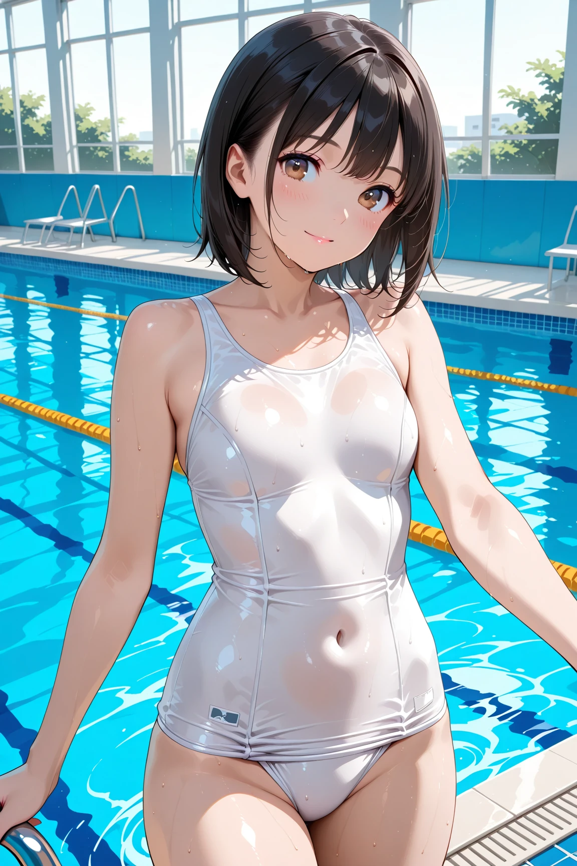 (of a man),schoolboy,mature,Handsome face,exquisite facial features,Flat chest and thin waist,long leges,swimming uniform,River side,