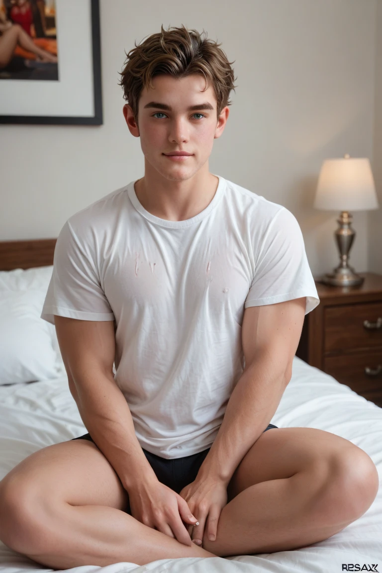 Portrait of a 17-year-old boy, on his knees, small shorts, pink shorts, tank top, pink room, stuffed animals, focus on the boy, supportive pose, open legs, sensuality, seducing the viewer, looking at the viewer, symmetrical body, perfect body, realimo, real, focus on boy, handsome boy, beautiful boy, european facial features, 1boy, solo, , white tank top

