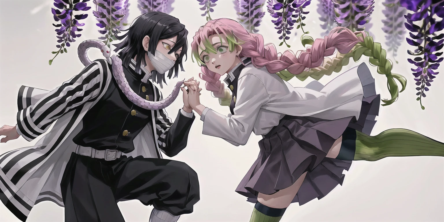masterpiece, best quality, highres,
1girl mitsuri, pleated skirt demon slayer uniform white haori long sleeves thighhighs,
1boy obanai, demon slayer uniform vertical stripes jacket black pants, mask, white snake
<lora:obanai_mitsuri_2:1>
[kiss::0.3]