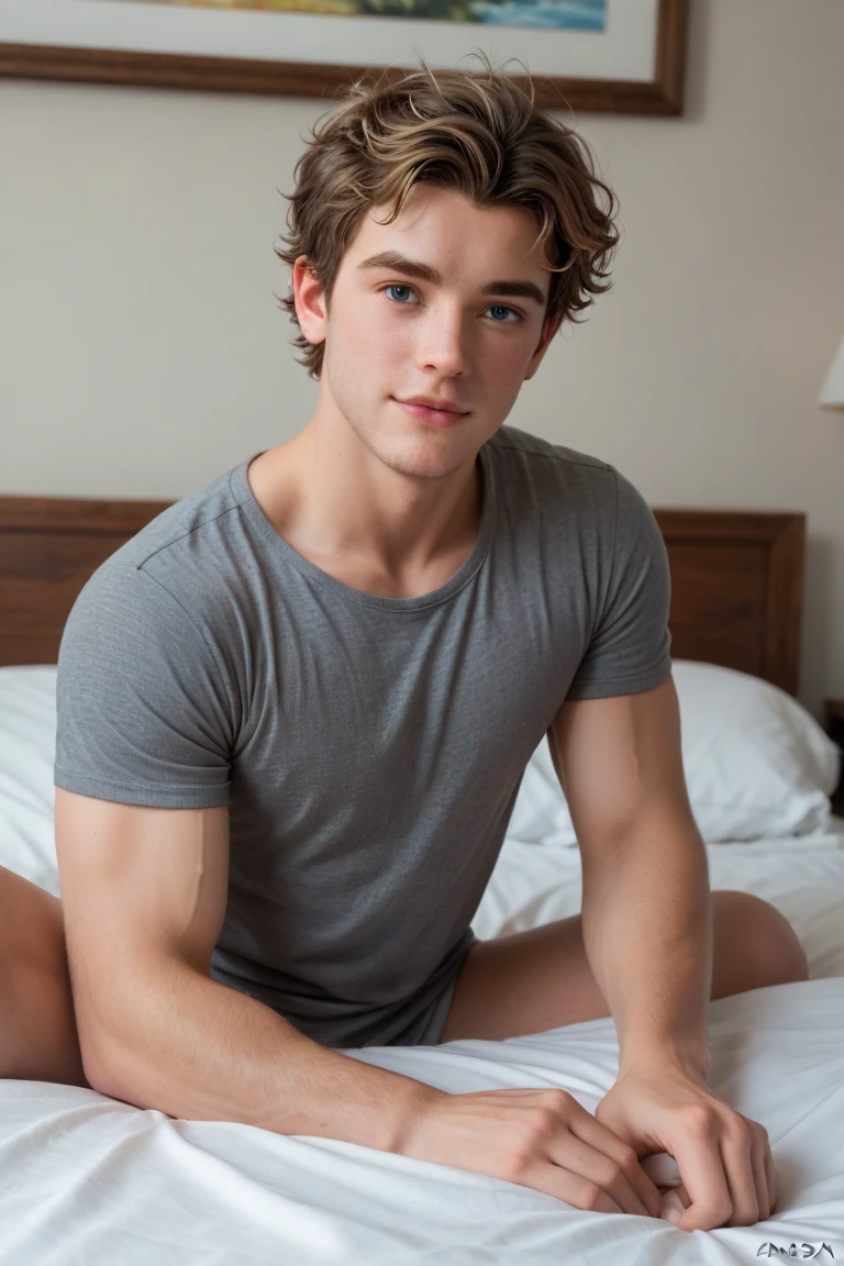 32 year old man, light brown complexion, Spiky Short Wavy Brown Hair, Body Fit, blue eyes, lying on a bed naked, opening his anus in missionary position, with a big penis with erect public hair while semen comes out, with a sexy and flirtatious look.