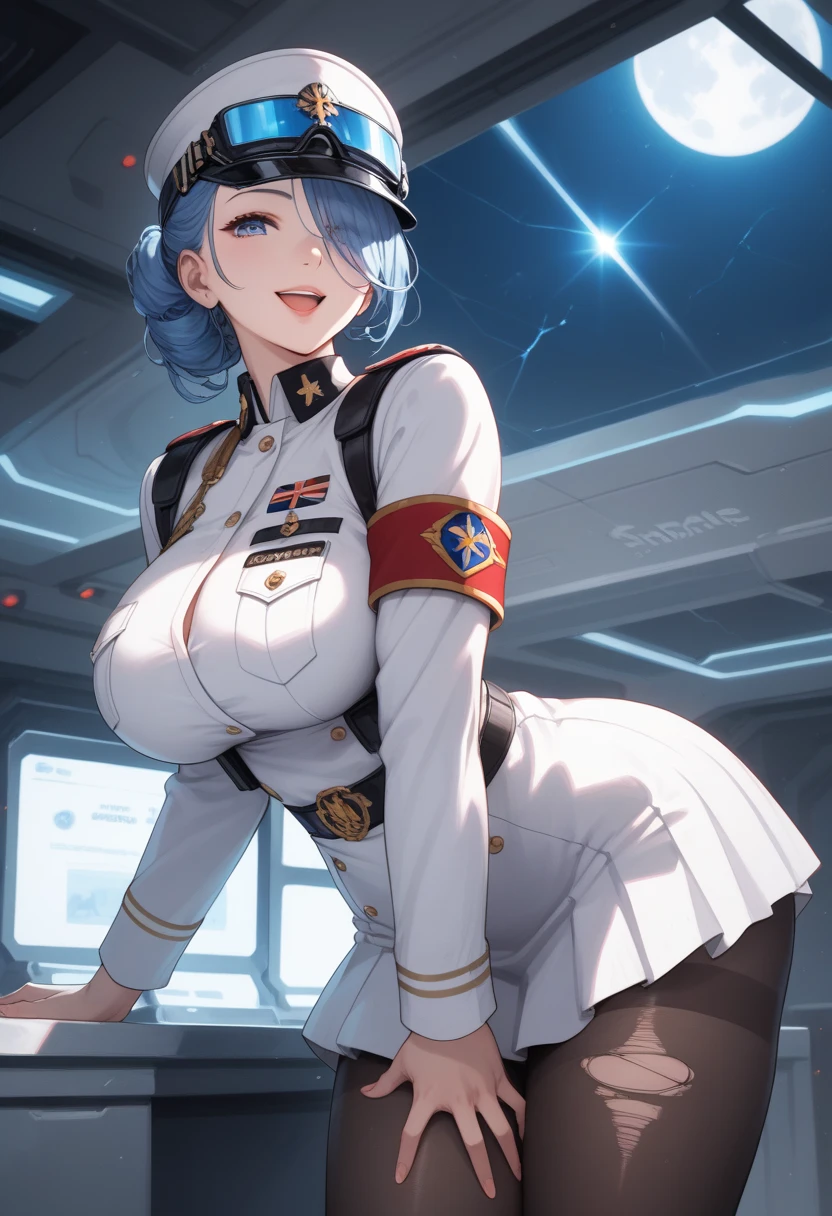 Girl, short white hair, violet eyes, pilot captain, big breasts, short skirt