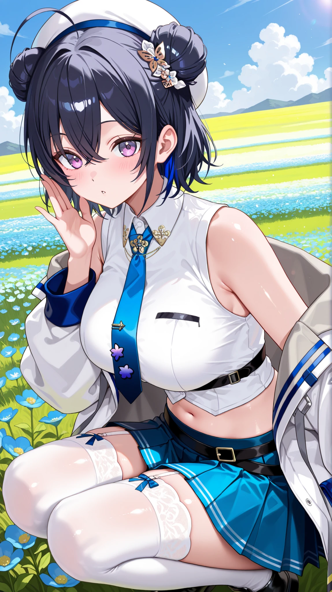4K, 8K, high quality, highest quality, delicate, clear, super beautiful, girl, 1 person, Ichinose Uruha, Vtuber, black hair, blue mesh, blue-black hair, beautiful, cute, shiny skin, glossy skin, beautiful skin, ((face emphasis)), beautiful breasts, large breasts, slender, highest quality, super detailed, masterpiece, best quality, super beautiful, {{{masterpiece}}}, {{{highest quality}}}, {{super detailed}}, {illustration}, {{very delicate and beautiful}}, Hair inner color blue,, short hair, double bun, ahoge, beret, white headwear, breasts, blue necktie, sleeveless shirt, white shirt, off shoulder, white jacket, open jacket, midriff, pleated skirt, blue skirt, garter straps, white thighhighs,double bun, short hair, ahoge, white beret, white shirt, sleeveless shirt, blue necktie, white jacket, off shoulder, long sleeves, midriff, belt, blue skirt, pleated skirt, white thighhighs,Pink almond flowers, flower field, squatting