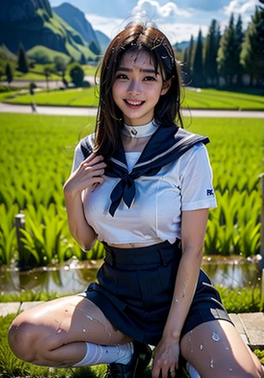 (8k), (best quality), (masterpiece:1.2), (realistic), (photorealistic:1.37), ultra-detailed, 1girl, cute, smile, closed mouth, beautiful detailed eyes, beautiful detailed nose, full body, wet hair, huge breasts, dalcefo, pigsney,Student uniforms,Thick thighs