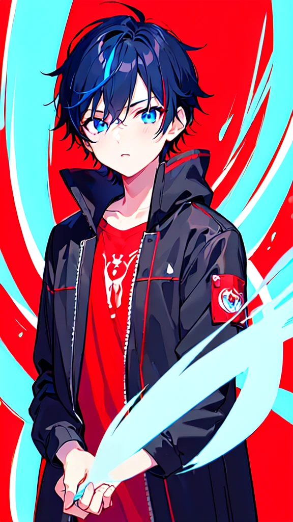 [(WHITE BACKGROUND:1.5),::5], ((((masterpiece)))), high quality, ultra very high resolution, full color, (((solo))), ((little boy)), black hair, ((red streaked hair)), blue eyes, anime, ((upper body)), neon light, black parka, (flame effect:1.2)