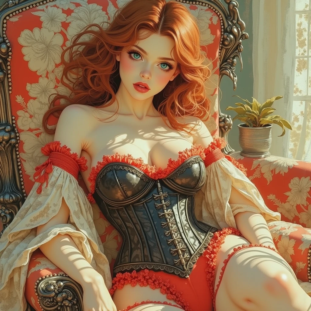 Adolescent polonaise, rousse, BBW, highly detailed, servante, ready, Tout de suite, tres moulante, Seductive erotic woman, ou ( cheveux long ), centered on the face, focused face, yeux sexy teasy , ultra realist , Plan at scale, luz, 1977,  talons hauts, sourire, taquine, award-winning photo, de belles mains, Dark Pink, Lingerie fine, sexy, choker ring