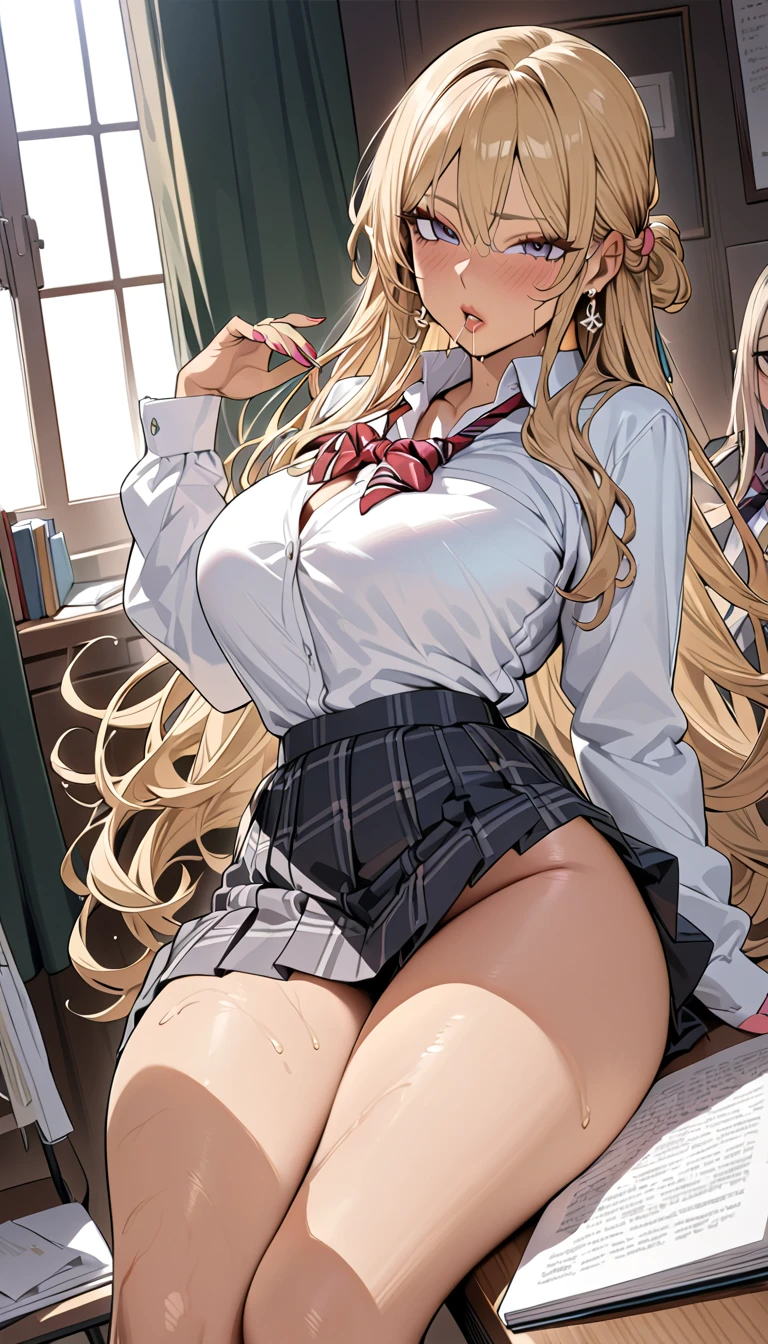Four women、teenager、Girls&#39; School、classroom、Crowd of schoolgirls、high school girl、ビッチGal、Blazer uniform、Gingham check pleated skirt、Short pleated skirt、黒Gal、Gal、Tight panties、Colorful manicure、Low - Angle、Spread your legs、Galピース、Galポーズ、黒のsatin panties、blonde、Twin tails、Gal化粧、Heavy makeup、mascara、Dark eyeshadow、Brown skin color、Beautiful woman、Very thick thighs、Big 、Big Ass、Unbuttoned shirt、loose socks、Scrunchie、Acme Face、Best image quality、High resolution、masterpiece、super high quality、Spread your legs、satin panties、Satin Bra、とてもBig Ass、Very large breasts  、blush、4k quality、blush、Cowboy Shot、{Highest quality}, {so beautiful}, {Very detailed}, {Best illustrations}, Browsing Caution, Cowgirl、Bang your hips up and down、Riding on top of a male student、Inserting the penis into the vagina、Show your vagina、fuck、have sex、Cowgirl fuck、周りの女生徒もfuck、Orgy、Shake your hips vigorously、Hip Swing High Speed Piston、Love juice overflows、Sweaty crotch、Ahegao、Lean back、Everyone is horny、Everyone is fucking、Handjob、Shaking breasts、a sexual orgy.