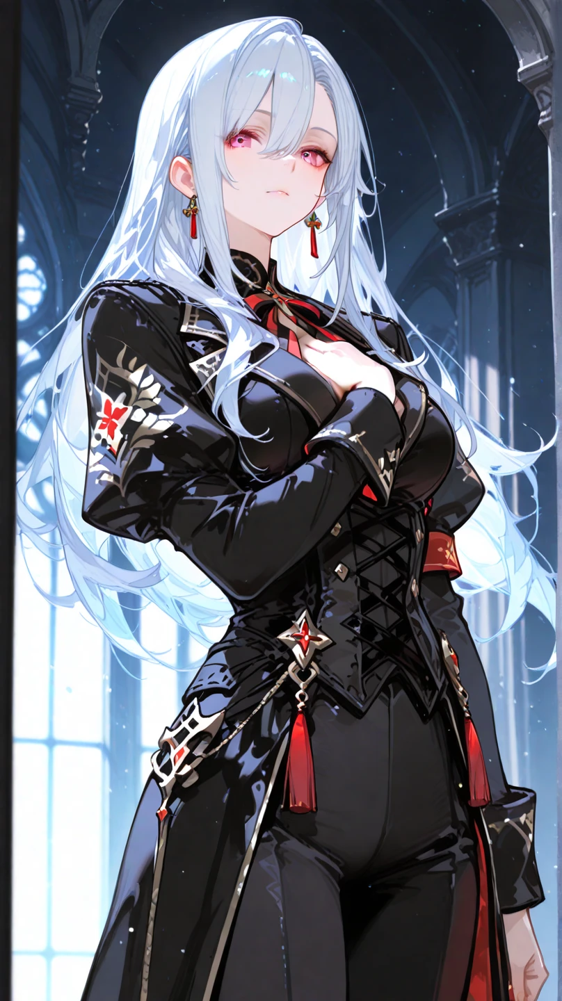 Illustrating Marionne, the demon huntress, She has long wavy lilac violet hair and gray eyesclad in a form-fitting black leather outfit, comprising a wine leather trench coat, a snug red corset embellished with belts and chains, coordinated pants, long leather boots for added defense and a gothic flair, wielding a large sword with a skull-adorned guard and a realistically styled hilt, against a dark backdrop to enhance the mysterious aura, Illustration, digital art with intricate textures, --ar 16:9 --v 5 in