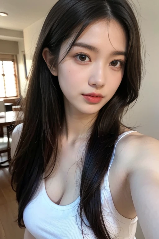 ((highest quality, 8k, masterpiece :1.3)), One Girl, Beautiful woman with defined abdominal muscles: 1.3, whole body, (Long Hair, Big Breasts: 1.2), Very delicate face, Delicate eyes, double eyelid, smile, Home, naked，
