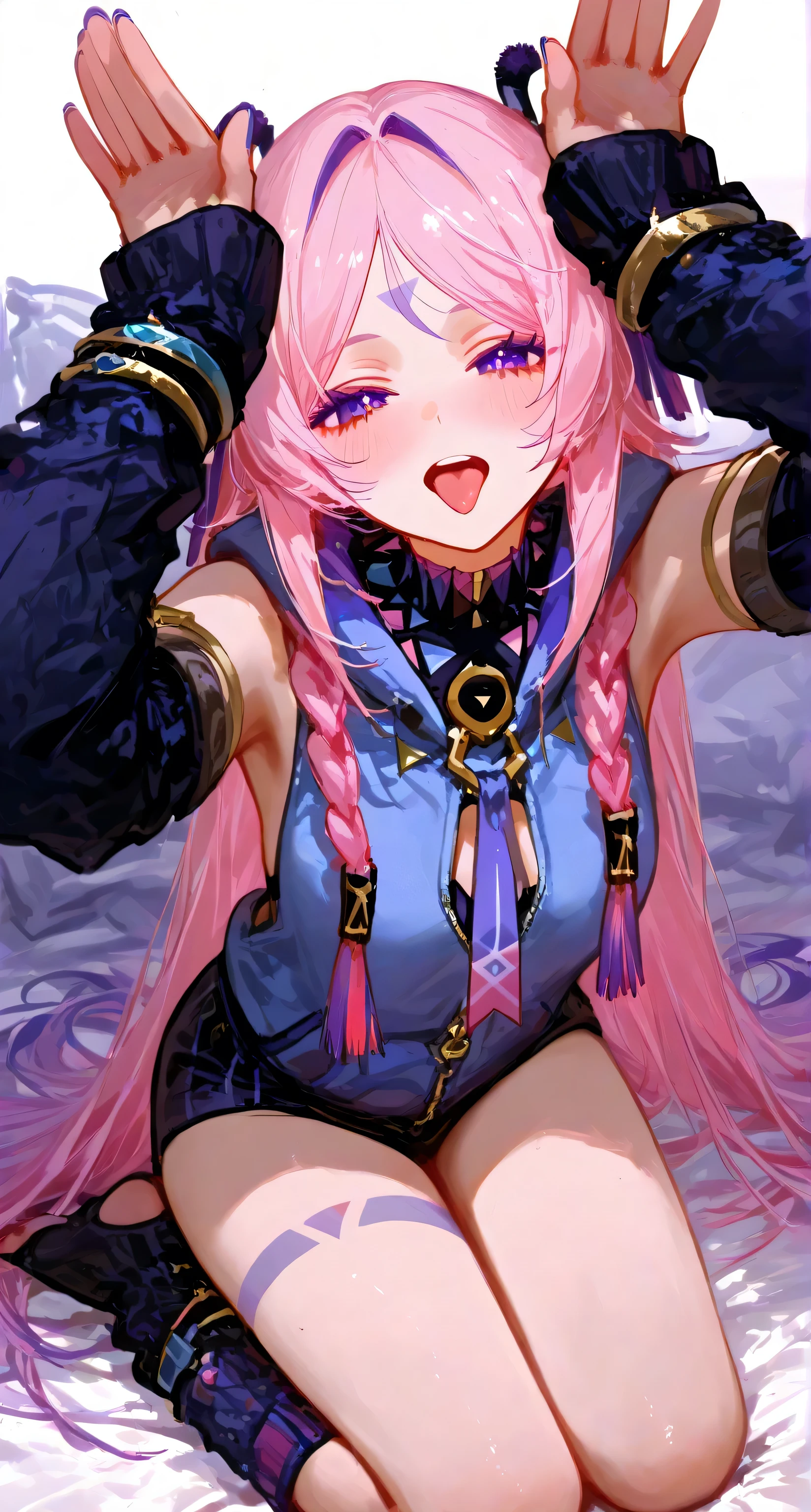 (Masterpiece), (Best quality), (Ultra detailed), Intricate details, Detailed beautiful face and eyes, Yuri Sakazaki, 1girll, Solo, Purple eyes, Brown hair, Long hair gathered in a braid, Red hair ribbon, Fingerless gloves, mitts, Pantyhose, pleated_Skirt, Torn pants, Short sleeves, NSFW, Fingers in the mouth, back facing the camera,Bare belly and thighs