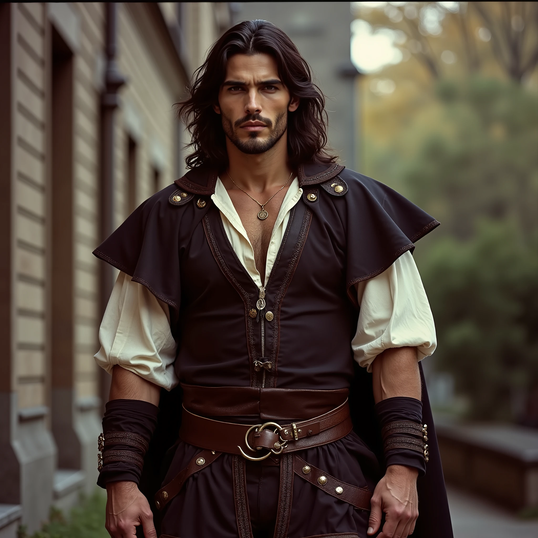 (Renaissance Faire) A muscular, masculine man in his late 20s, long dark hair, stubble, angular features - somewhat Mediterranean, wearing a dark medieval chemise, fitted doublet, parti-colored hose, and a giornea that shows the doublet beneath. (Fully clothed:2) (35mm photography)