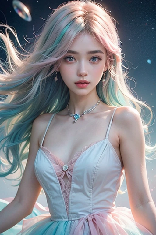 {{Best Quality}}, {{masutepiece}}, {{Ultra-detailed}}, {Illustration}, {Detailed light}, {extremely delicate and beautiful}, girl with, Cute face, Upper body, Two legs, long-one-piece dress, {Beautiful detailed eyes}, Stars in the eyes, messy floating hair, Colored inner hair, Starry sky adorns hair, {Lots_in the_Big_Colorful_Bubble}, [pearls], [Galaxy], depth of fields