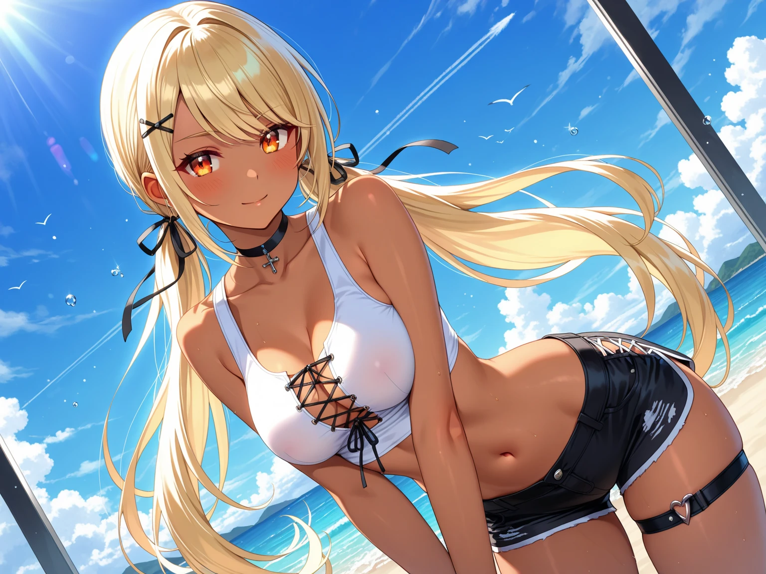 masterpiece, rich colors, Best quality, detailed, high resolution, Hyper quality, high detail, , high quality, detailing, skinny sexy girl on the beach , bright lighting , Brown eyes, Anime, palm trees, bright lighting, blonde,