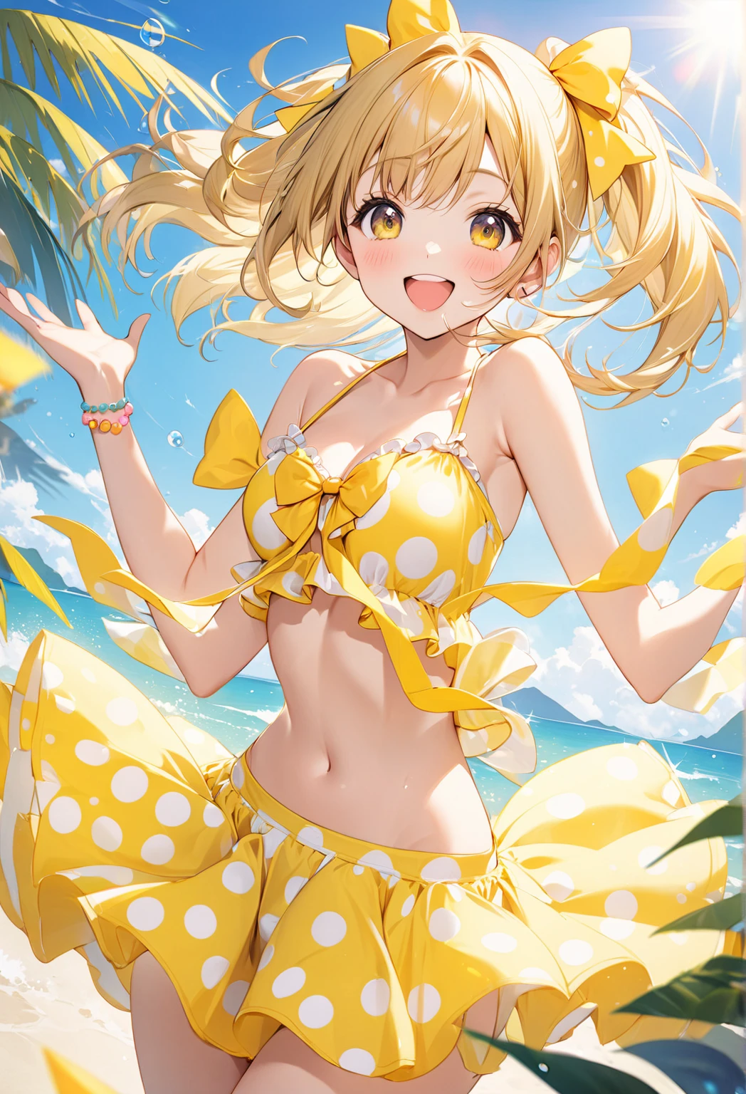 (Chibi Chibi: 1.3), Solo, Full Body, Shiny Yellow Bikini, Lying Down, Highly Detailed Face, (Smile: 1.4), Lively, (Gravure Pose: 1.5), Beautiful Detailed Eyes, Looking Up, (Eye Match), Light Brown Long Hair, Cat Ears, Neon, Masterpiece, Top Quality, Highly Detailed 8k Wallpaper