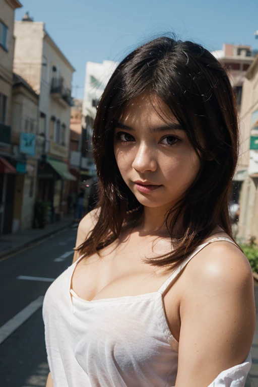 Masterpiece artwork:1.3), (8K, Photorealistic, RAW photograph, Superior image quality: 1.4), High school girls in Japan posing on the street for an Instagram photo, (random hairstyles:1.2), super detailed face, Eye of detail, double eyelid, sharp focus:1.2, beautfull woman:1.4, Light brown bun hair, maximum quality, Masterpiece artwork, Super high resolution, (Photorealistic:1.4), Highly detailed and professional lighting smile, Shoulder out, 苗条, serious facial expression, shorth hair, Posing stylishly, Brunetette