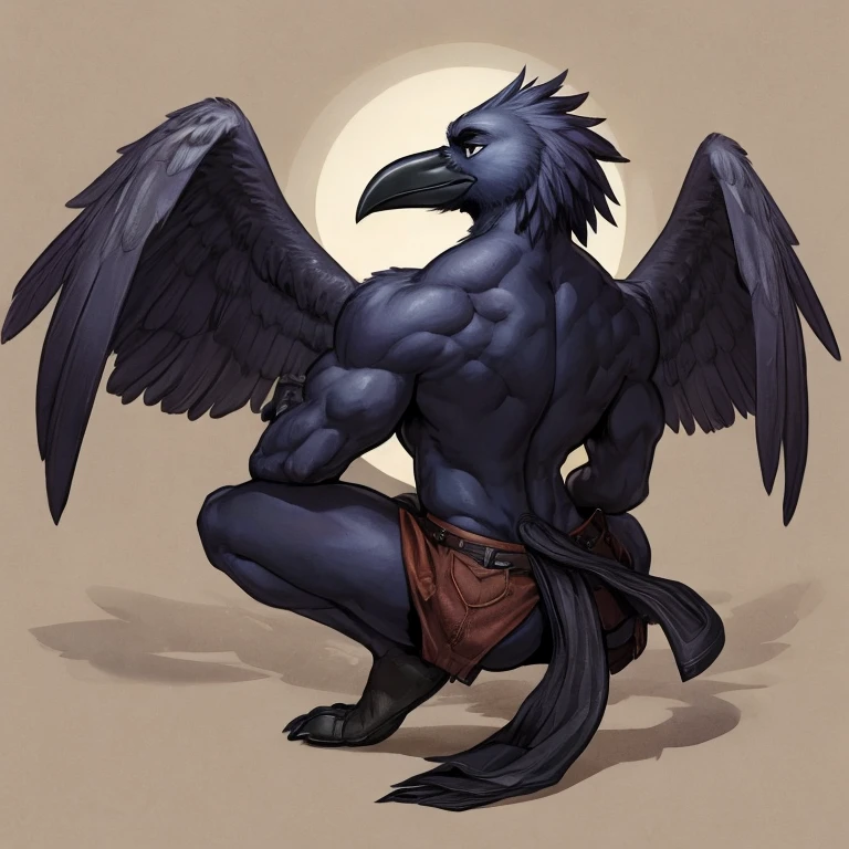 frontview of a male anthro corvid, crow, looking at viewer, walking towards viewer, avian feet, talons, big talons,