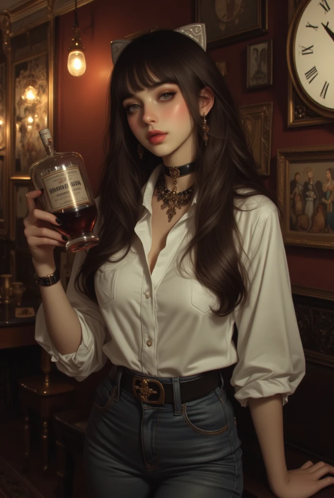 demi-corps，OriginalPhoto，At the empty table，Drink lemon juice，Burgundy leather coat，Exposed shoulder，silverlong hair，Gray lace，Gray hair,plein-air