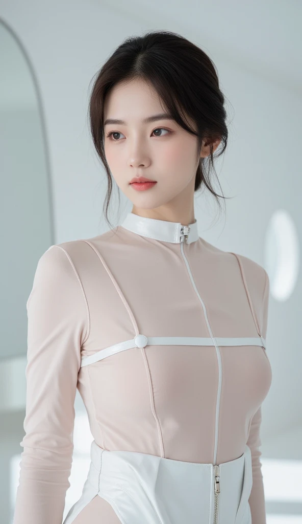 highest quality, white skin, real human skin, (be familiar with), oval face, pore, ultra high resolution, (8K, RAW photo, realistic: 1.4), one girl, slim, (Gentle, goddess-like eyes) happiness: 1.2), (lip gloss, eyelash, gross face, highest quality, ultra high resolution, wide lighting, natural shading)、sexy nurse、(, sexy standing pose:1.5), Absolute area、long beautiful thin legs、low length、hospital room、hospital、sexy look:0.8, bondage (Shibari,hands tied behind back:1.5), (Shibari:1.21),Tied up, legs tied