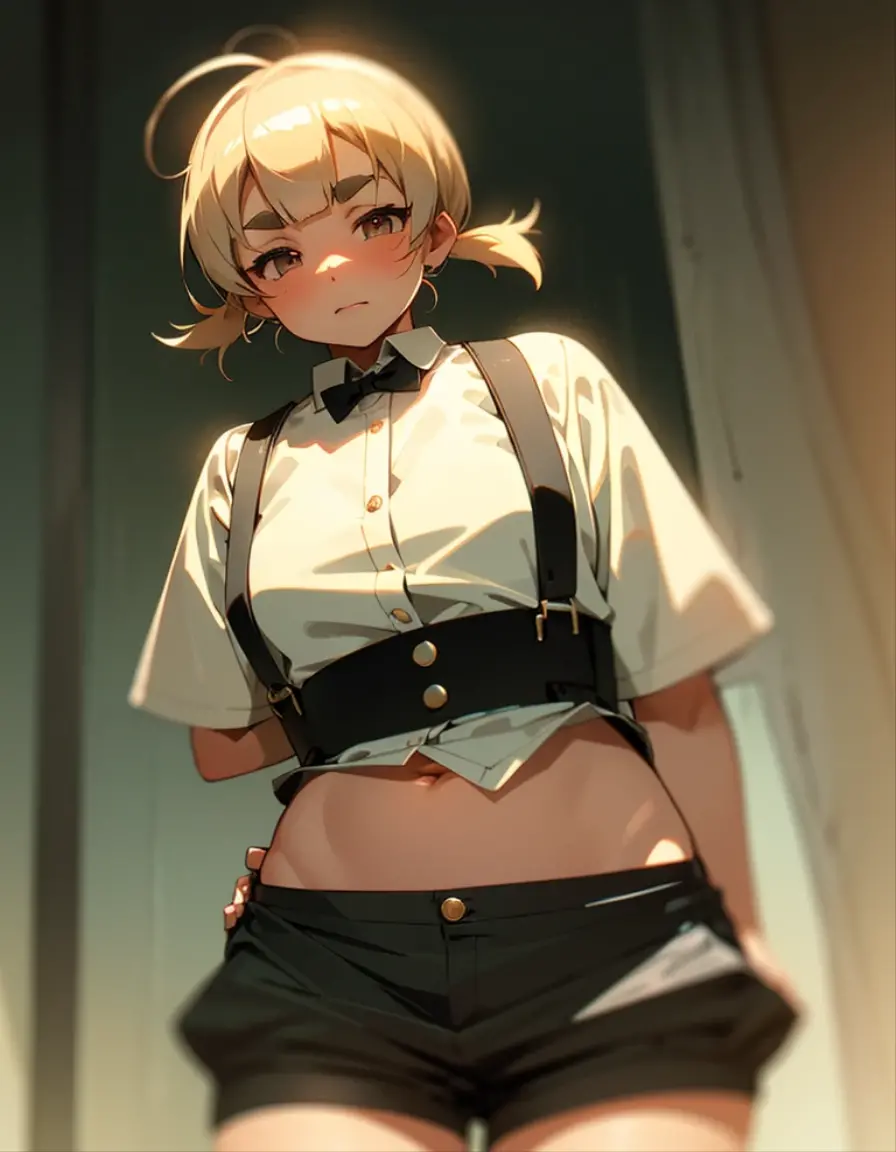 (realistic: 1.4), (masterpiece, sidelighting, finely detailed beautiful eyes: 1.2), masterpiece*portrait, realistic, 3d face, glowing eyes, shiny hair, loss skin, solo, embarrassed, (midriff), black underwear, blonde hair , long sleeves, short hair,