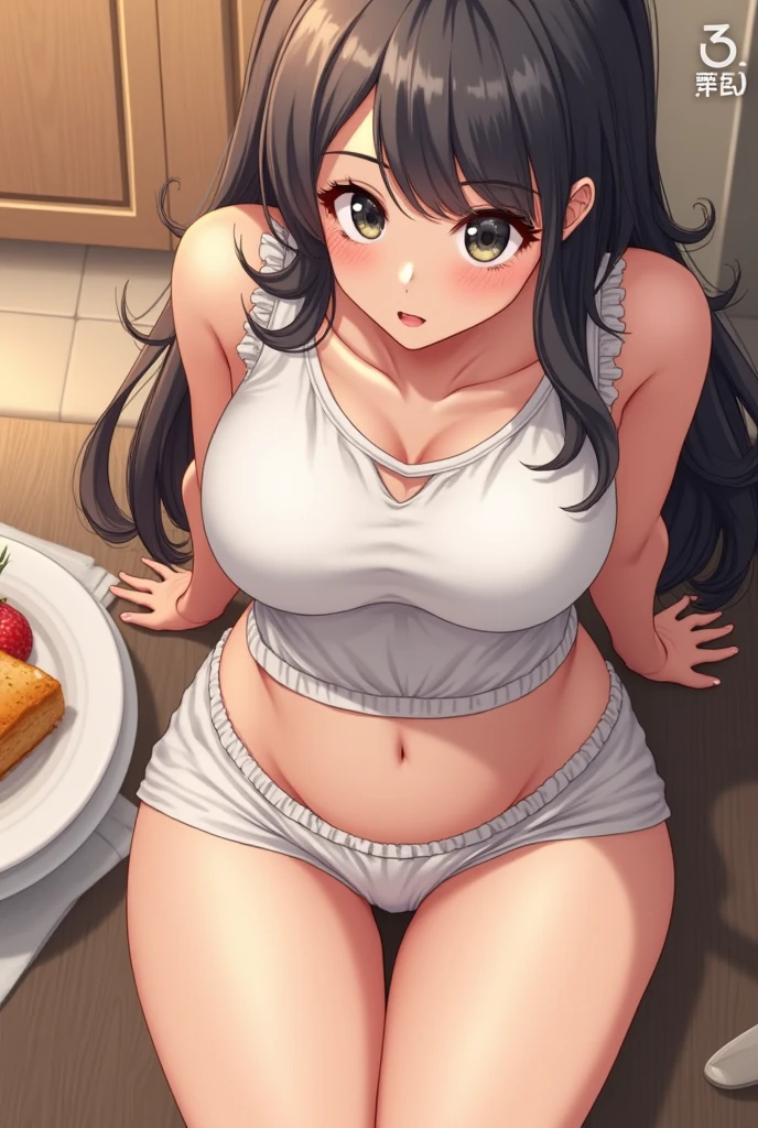 1 girl, asian face,Sitting alone on the bed, Wearing pink lace transparent underwear+Sling fishnet socks,shy expression, blush and smile, big breasts, Slightly fat,The meat is plump,Realistic,masterpiece。