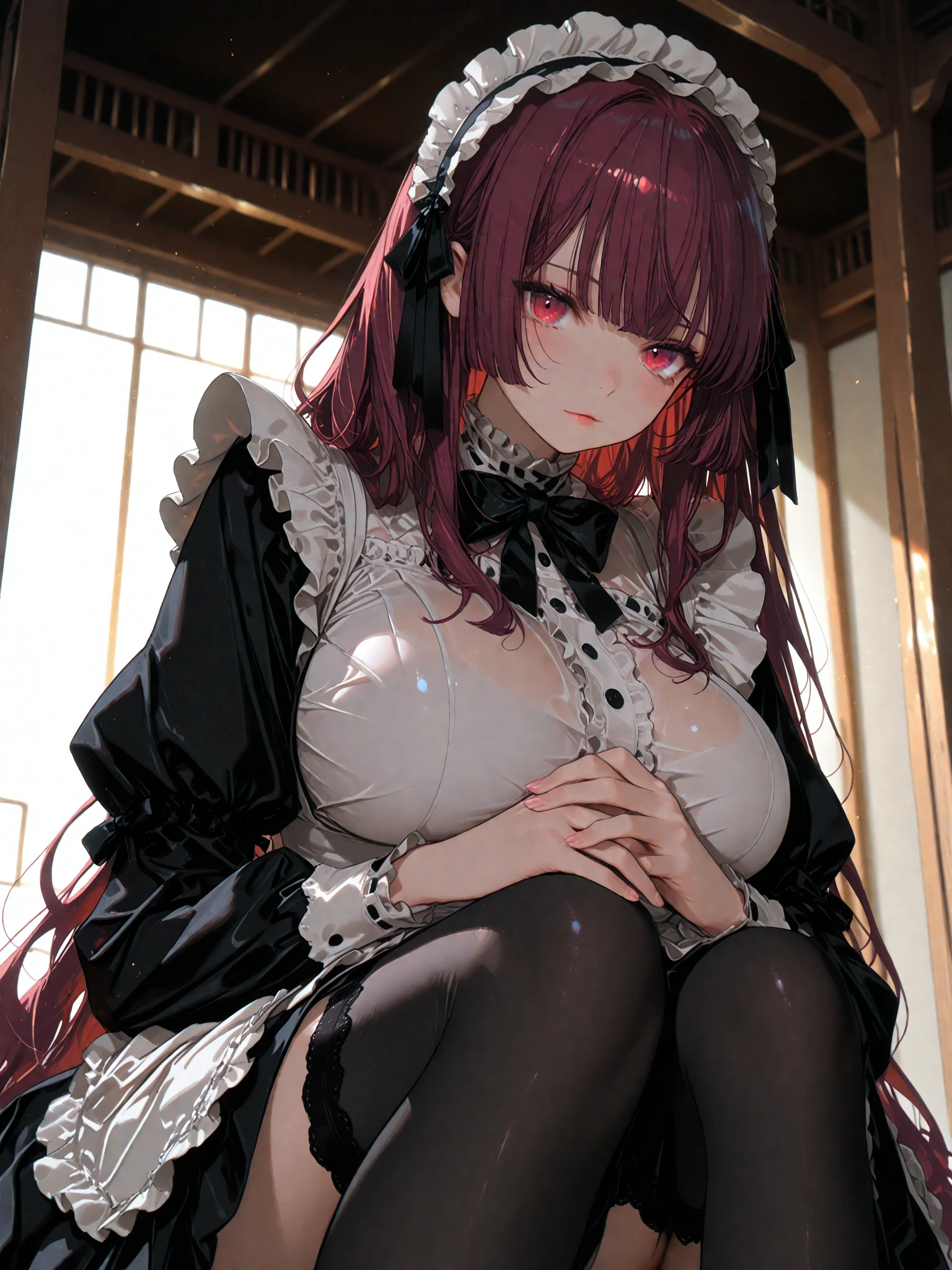 red hair, braided bun, (dragon horns), mismatched pupils, sleepy, Baroque, chiaroscuro, anatomically correct, super detail, high details, best quality, high quality, textured skin, ((masterpiece)), accurate, Demon queen, demon, lying on sofa, looking up, Put her arm under your head as a pillow, arm-pillow, Sleepy appearance, A dark room lit only by candlelight, a candelabra, Off-the-shoulder dress, ruby ​​necklace