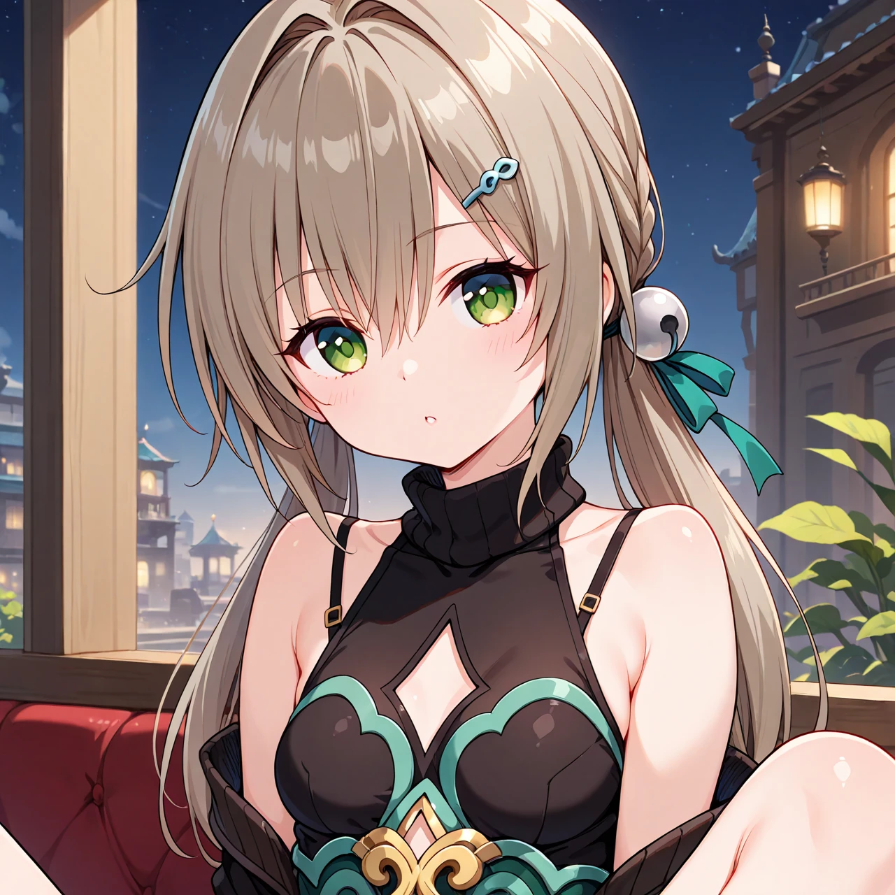 ((masterpiece, best quality)), high resolution,ultra detailed,8k,16k,detailed background, perfect lighting, 1girl,nsfw,embarrassed,blush,steam,sweat,(doggystyle,from behind:1.2),(from above:1.2), (pov:1.3),back,vaginal,sex,1boy,penis,fisheye lens,show your butt,cum in vagina,look at viewer,happy smile,small butt,qingque,blond hair,low twintail,hairclip,green eye,,kawaii,over size head,teenage,small breast,old chinese house,night sky