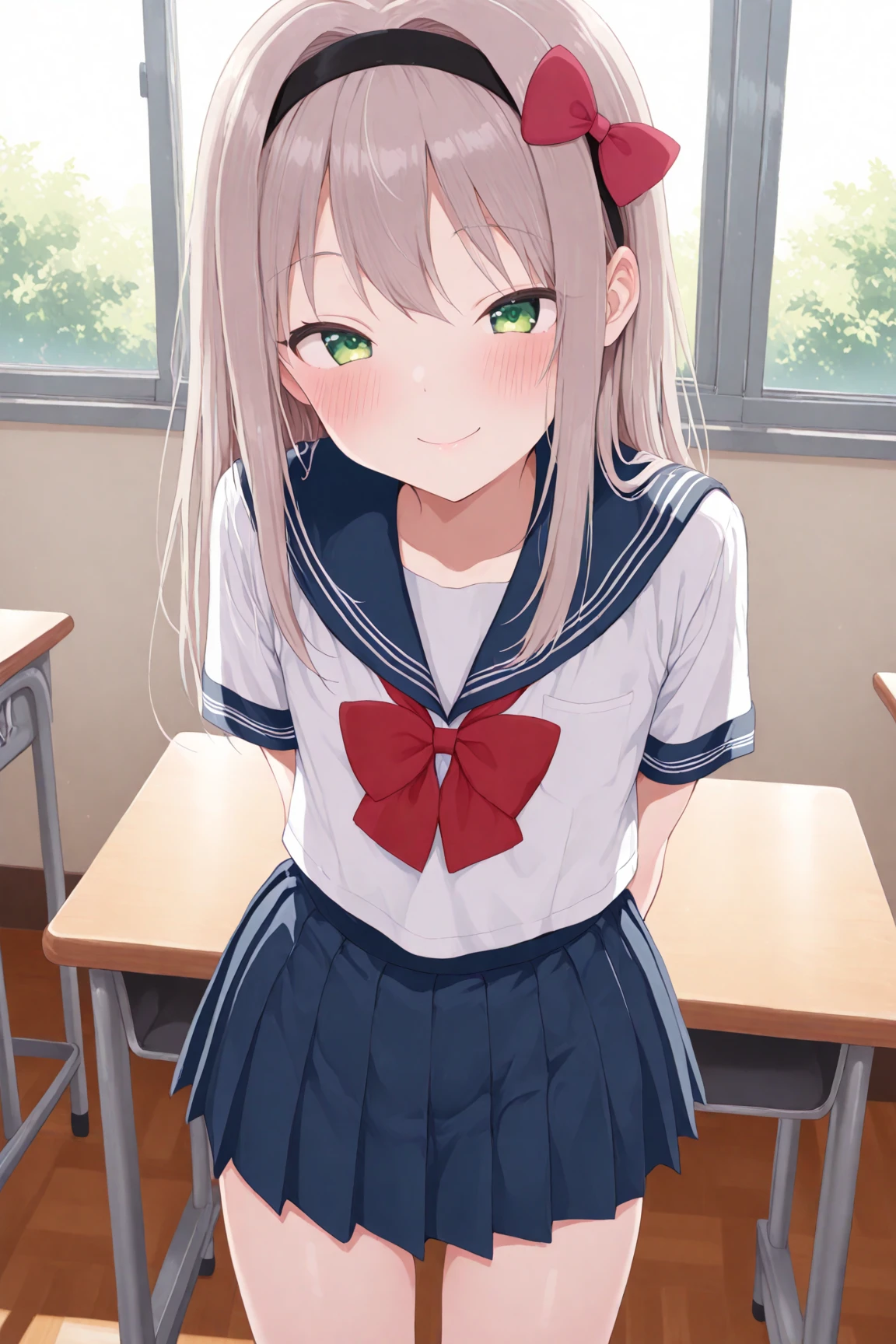 (sfw), 1girl, blush, smile, cowboy shot, dynamic angle, arms behind back, small breasts, looking_at_viewer, school_uniform, shirt, skirt, <hypernet:shennai_misha-20000:1>