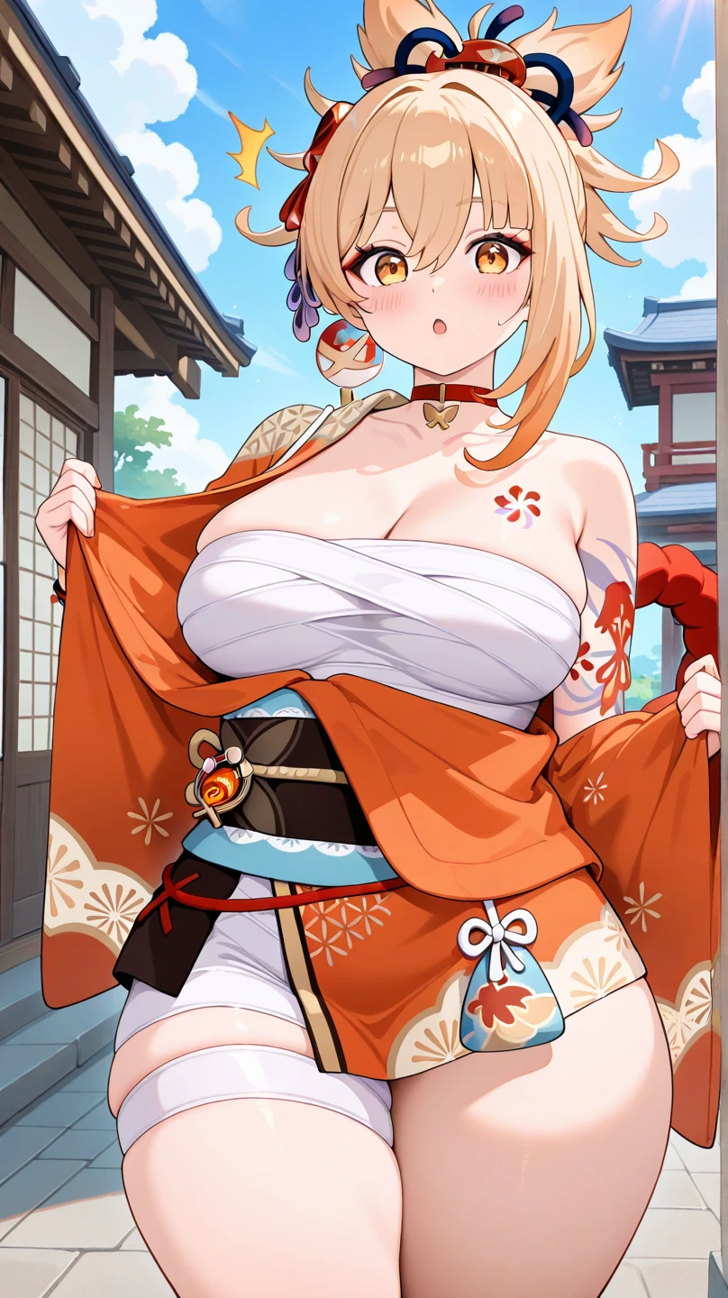  jewelry, blonde hair, blue eyes,short hair, 1 girl, 20yo,Young female,  (3heads:1.5), open belly, very huge breasts, (very beautiful eyes:1.5), (very detailed eyes:1.5), exposed midriff, 3heads, three headed girl, girl with three heads, Beautiful Finger,Beautiful long legs,Beautiful body,Beautiful Nose,Beautiful character design, perfect eyes, perfect face,expressive eyes, looking at viewer, blush, lipstick,  masterpiece, best quality, highly detailed, a anime girls in kimono dress with a sword posing for a
picture, bare shoulder,open kimono, evil smile, open mouth, crop top , (nsfw) not safe for work, smile,
ecchi anime style, anime girls, ecchi style, ecchi, digital anime art!!, in anime style, official artwork, visual
novel cg, beautiful anime girl, anime style 4 k, kimono pencil skirt, exposed belly, exposed navel,
exposed midriff, exposed lower belly, open belly, outdoor, japanese architecture, temple