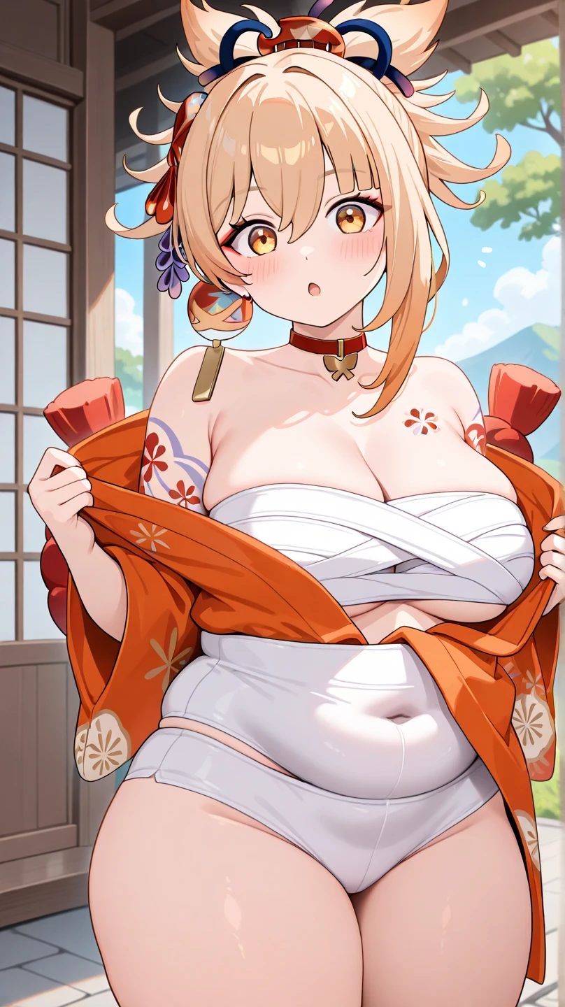 Fox Woman、body covered with fur、huge-breasted、kawaii、shrine maiden、Japan white clothes,Red Hakama、torii gate,summer day、From the top、Wide Shot、Very Wide Shot、A big smile、bbw、thick thight、big butts、Ultramammy、In front of Tamamo