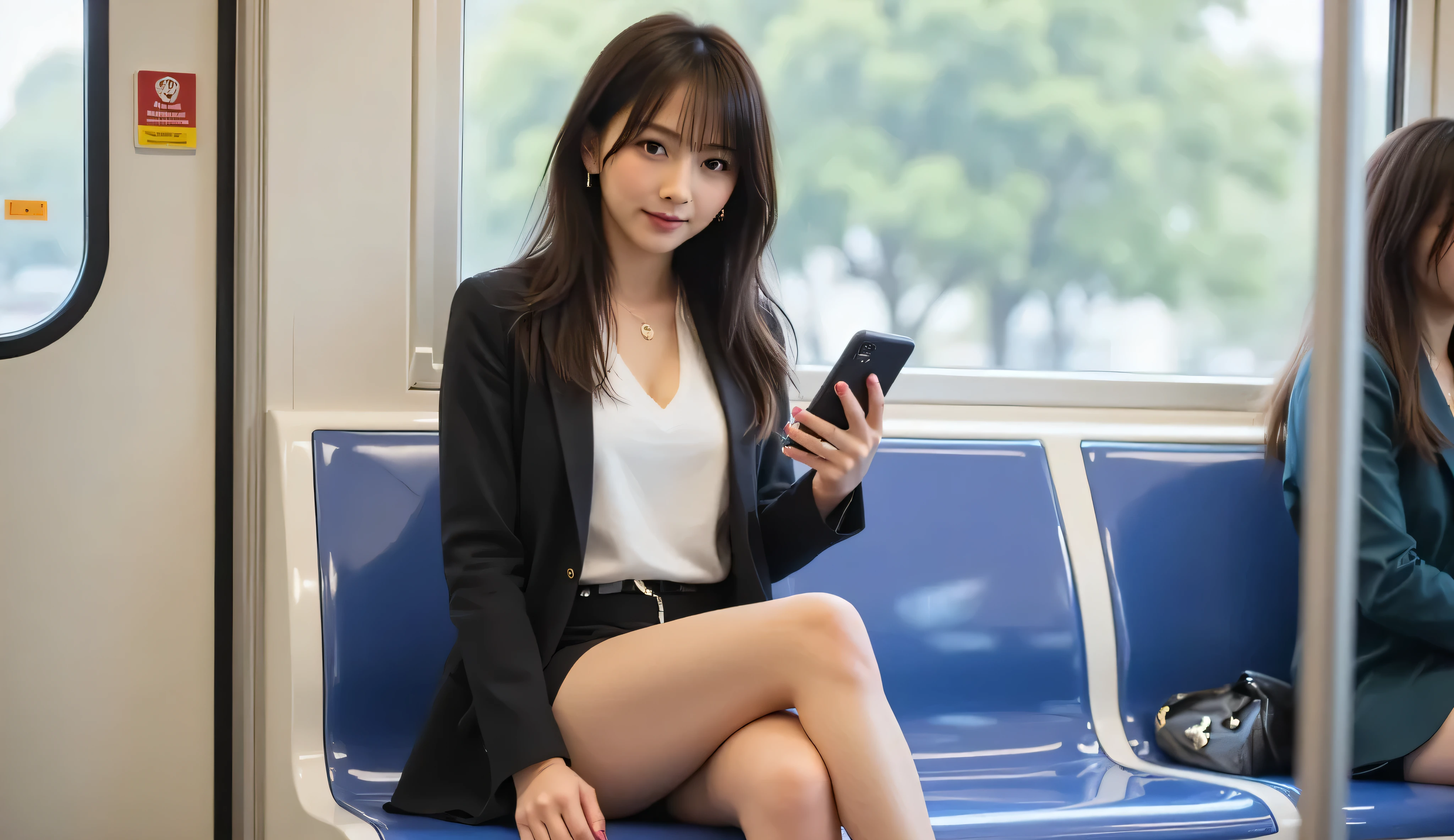 20-year-old East Asian woman sitting on a subway seat, full body visible from head to ankles. She wears a white blouse, fitted blazer, and black mini skirt. Knees and legs kept straight and close together, feet flat on the floor. Looking down at smartphone with calm expression. Long straight black hair. Subway window behind her showing blurred motion outside. Natural lighting, photorealistic, cinematic depth of field, DSLR quality.