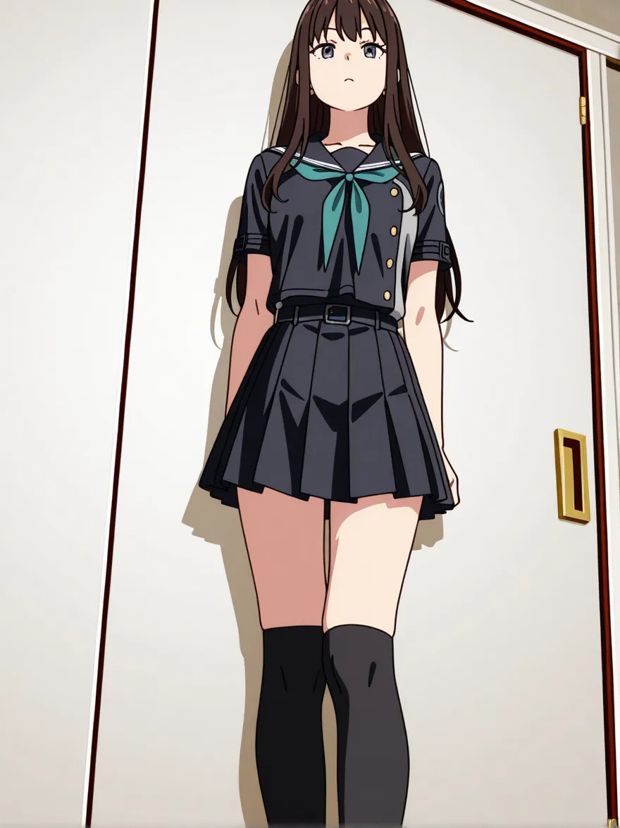 (work of art, best qualityer:1.2), 1 girl, standing alone,standing_to divide,
Mikan Yuuki, eyes browns, chestnut hair, hair ornament,long hair,green plaid skirt, Sainan , , white shirt, yellow vest,witheout panties
