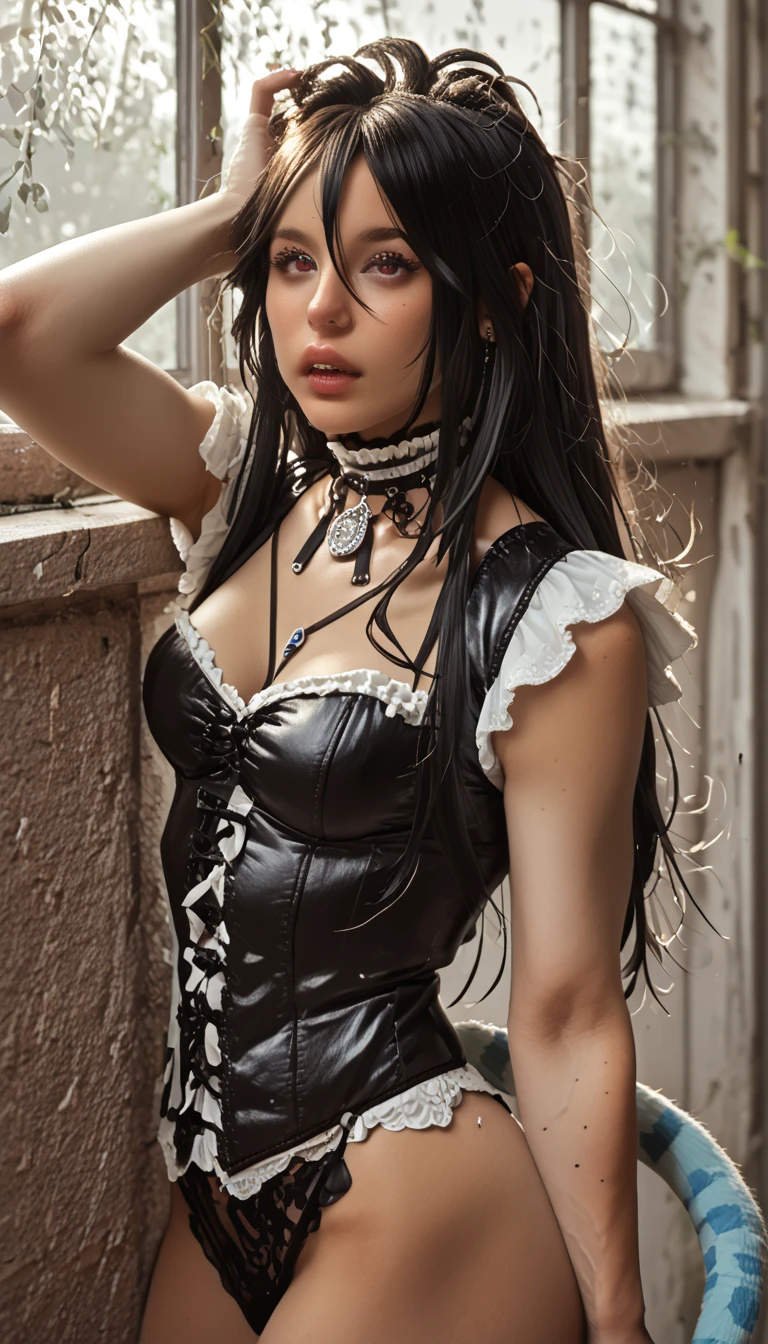beautiful gothic girl, braided hair, gothic corset with laces showing her belly, tutu mini skirt, spiked bracers, fishnet stockings, muscular abdomen, belly button
