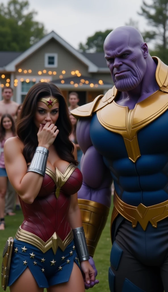 Thanos and She-Hulk sitting laughing on film set other Avengers in background 